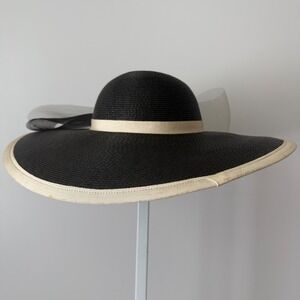 David M‎ Designer Luxury Old Money OS Black White Straw Hat Tulle Kentucky Derby